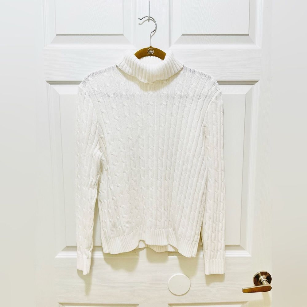 Womens Turtleneck Sweater Cable Knit Size M White Jeanne Pierre